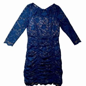 Eliza J Blue Nude Floral Lace Overlay Ruched Flattering 3/4 Sleeve Sheath Dress